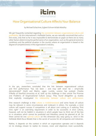 We get frequently contacted regarding the connection between organizational culture and
profitability. At itim International´s Hofstede Centre, we are naturally convinced that such a
link exists, only that so far it was impossible to demonstrate on paper as there are so many
other factors determining the performance of an organization, such as the general economic
conditions and the political situation in the country where an organization is based or the
degree of competitiveness in the organization’s industry.
In the 90s, researchers concluded that the link between organizational culture
and firm performance “has not been – and may well never be – empirically
demonstrated” (Siehl and Martin, 1990). Luckily, science has evolved. Charles O’Reilly
of Stanford University et al. took up the challenge in their article “The Promise
and Problems of Organizational Culture” (2014). They found altogether 31 studies
that explicitly investigated the relationship between culture and performance.
One research challenge is that culture is multidimensional and some facets of culture
may be relevant in some circumstances and irrelevant in others. For example, a strict
culture will support success if competition is all about cost cutting or if realizing “first
time right” is an overriding requirement in order to be successful. A strict culture,
however, will not be helpful in situations in which people have to think out of the box
or in situations which cannot be predicted and therefore cannot be planned at all. So
there cannot be one optimal culture on this dimension (D3: easy going vs. strict in the
Hofstede Multi-focus Model) that is the secret of success for all companies and industries.
Rather, it depends on the context in which an organization operates and it depends
on its strategy chosen to realize its mission, vision and objectives most successfully.
by Michael Schachner, Egbert Schram & BobWaisfisz
How Organizational Culture AffectsYour Balance Sheet
 