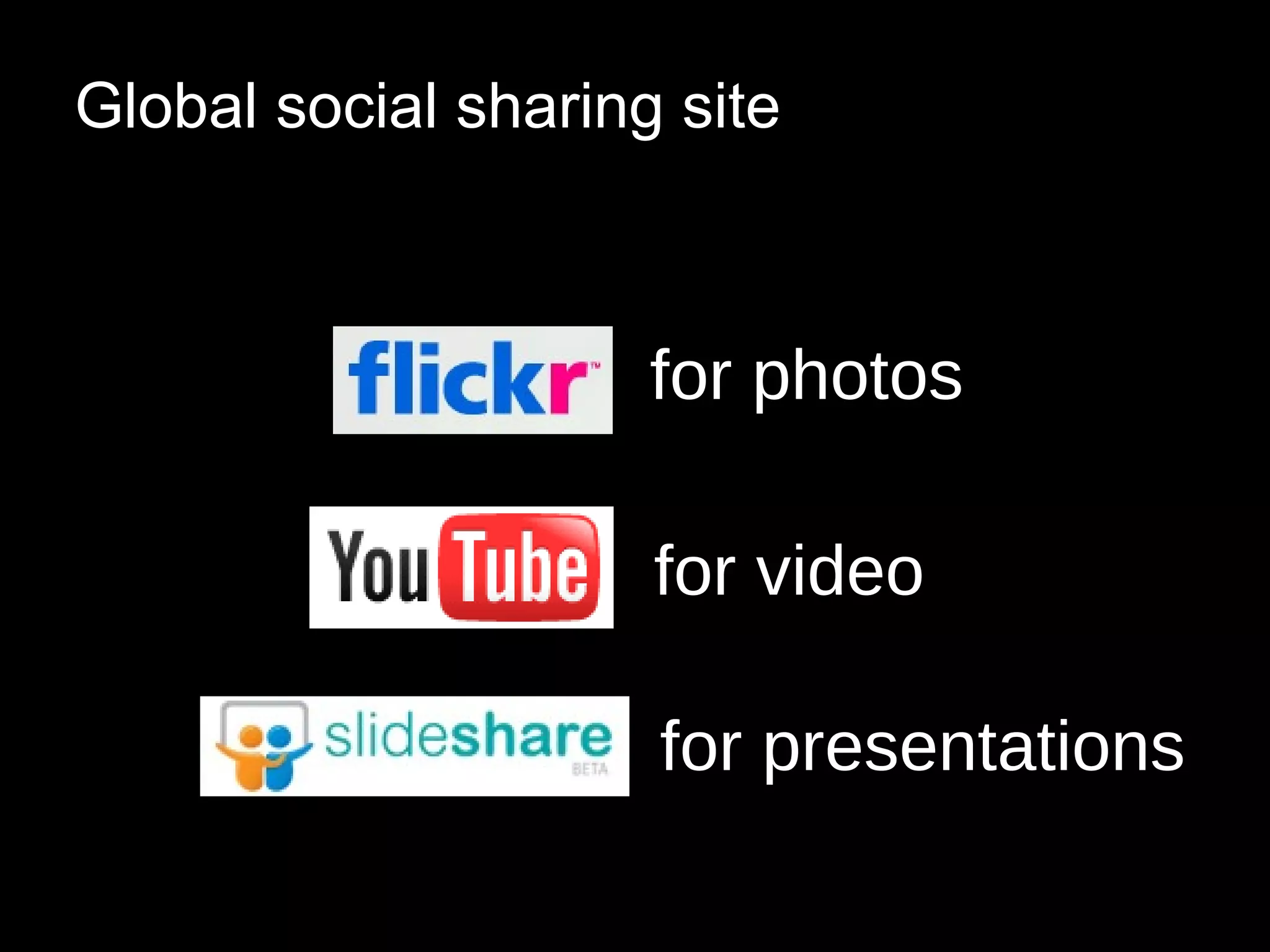 Global social sharing site for photos for video for presentations 
