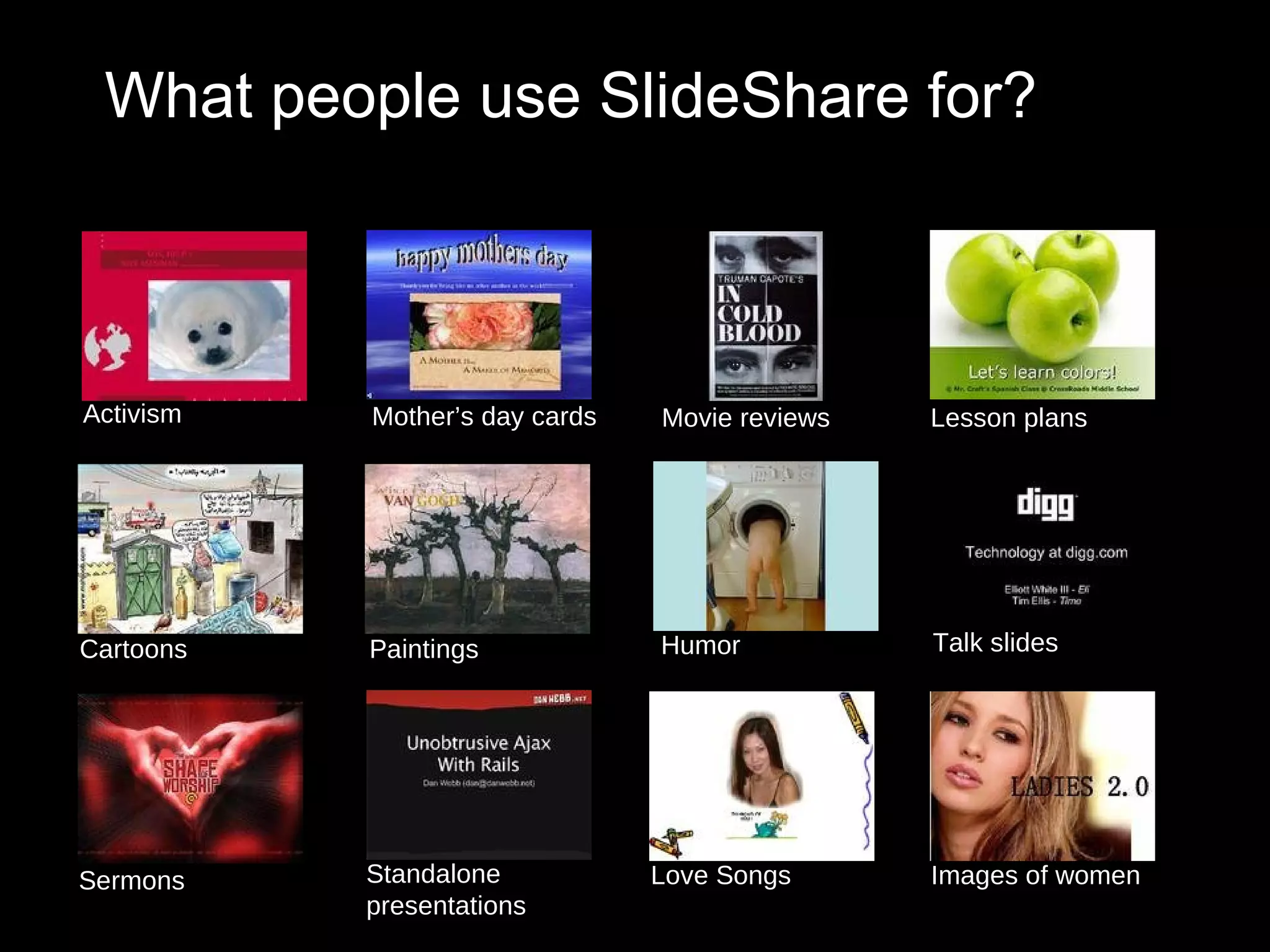 Cartoons Paintings Humor Love Songs Talk slides Images of women Sermons Standalone presentations Activism Lesson plans Movie reviews Mother’s day cards What people use SlideShare for? 