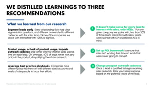 Proprietary and Confidential ©2020 OpenView Advisors, LLC. All Rights Reserved 5
WE DISTILLED LEARNINGS TO THREE
RECOMMENDATIONS
What we learned from our research
Segment leads early. Every onboarding flow had clear
segmentation questions, and different answers led to different
cadences with the sales team. None of the companies we
spoke with interacted with 100% of signups.
Product usage, or lack of product usage, impacts
outreach cadence and further informs whether sales spends
time on each lead. On average, 40% of leads never took any
action in the product, disqualifying them from outreach.
Leverage best practice playbooks. Companies have
different plays that they run with different sized accounts and
levels of salespeople to focus their efforts.
It doesn’t make sense for every lead to
interact with sales, only MQLs. For any
given company we spoke with, less than 30%
of those leads interacted with sales. Leads
were scored with ICP or potential ACV in
mind.
Set up PQL framework to ensure that
sales isn’t wasting their time on leads that
were never going to convert.
Change prospect outreach cadences
Once a lead is qualified to begin receiving
sales outreach, tailor your sales response
based on the potential value of the lead.
1
2
3
 