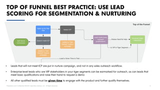 Proprietary and Confidential ©2020 OpenView Advisors, LLC. All Rights Reserved 6
TOP OF FUNNEL BEST PRACTICE: USE LEAD
SCORING FOR SEGMENTATION & NURTURING
• Leads that will not meet ICP are put in nurture campaign, and not in any sales outreach workflow.
• Enterprise-level leads who are VIP stakeholders in your tiger segments can be earmarked for outreach, as can leads that
meet basic qualifications and raise their hand to request a demo
• All other qualified leads must be given time to engage with the product and further qualify themselves.
 