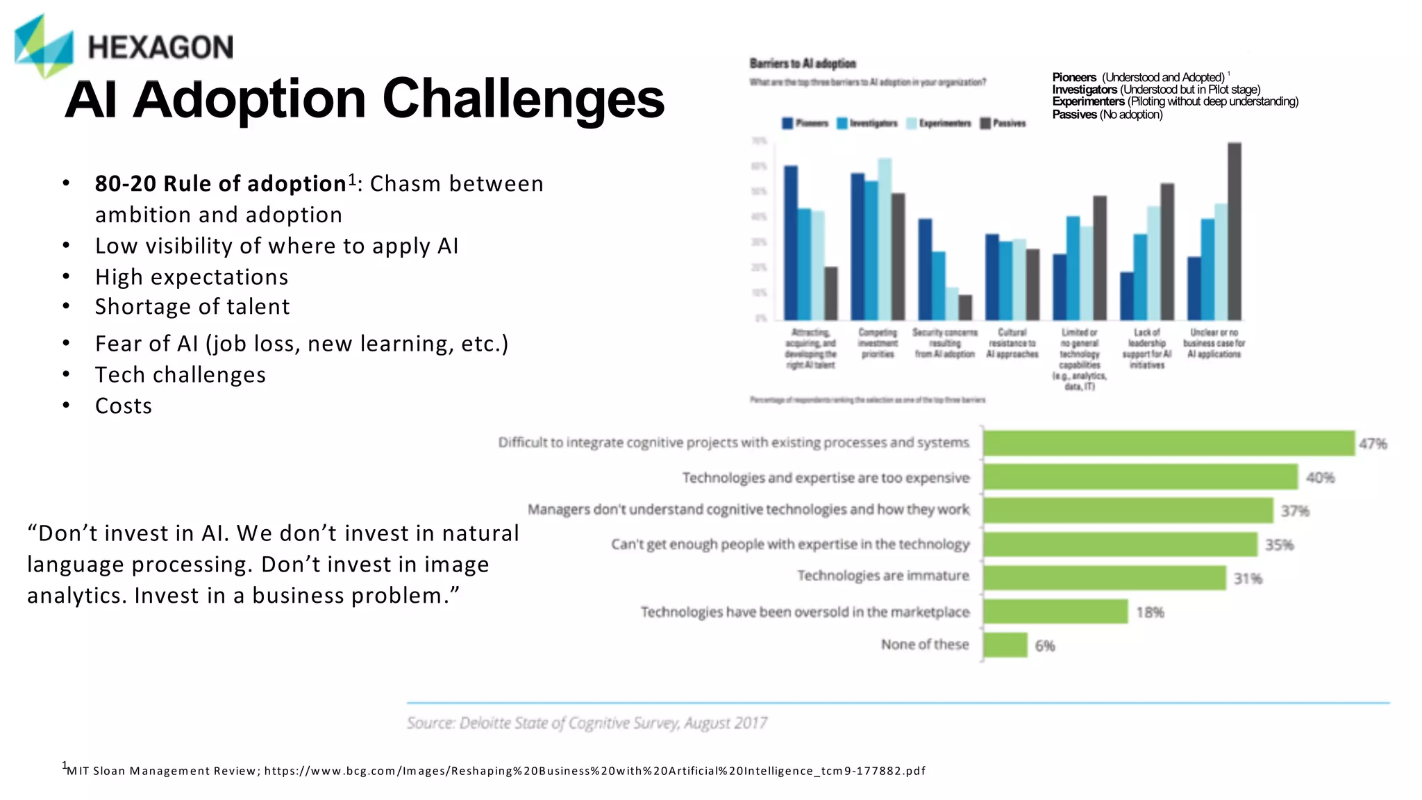 AI#Adoption#Challenges
• 80#20%Rule%of%adoption1:#Chasm#between#
ambition#and#adoption#
• Low#visibility#of#where#to#apply#AI
• High#expectations
• Shortage#of#talent
• Fear#of#AI#(job#loss,#new#learning,#etc.)
• Tech#challenges
• Costs
Pioneers# (Understood+and+Adopted)+1
Investigators(Understood+but+in+Pilot+stage)
Experimenters(Piloting+without+deep+understanding)+
Passives(No+adoption)
1M IT#Sloan#M anagem ent#Review;#https://www.bcg.com /Im ages/Reshaping%20Business%20with%20Artificial%20Intelligence_tcm 9Q177882.pdf
“Don’t#invest#in#AI.#We#don’t invest#in#natural#
language#processing. Don’t#invest#in#image
analytics.#Invest in#a#business#problem.”
 