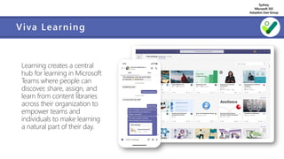 Sydney
Microsoft 365
AdoptionUserGroup
Viva Learning
Learning creates a central
hub for learning in Microsoft
Teams where people can
discover, share, assign, and
learn from content libraries
across their organization to
empower teams and
individuals to make learning
a natural part of their day.
 