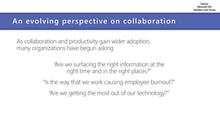 Sydney
Microsoft 365
AdoptionUserGroup
An evolving perspective on collaboration
As collaboration and productivity gain wider adoption,
many organizations have begun asking
“Are we surfacing the right information at the
right time and in the right places?”
“Is the way that we work causing employee burnout?”
“Are we getting the most out of our technology?”
 