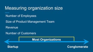 Measuring organization size
Number of Employees
Size of Product Management Team
Revenue
Number of Customers
Startup Conglo...