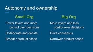 Autonomy and ownership
Fewer layers and more
control over decisions
Collaborate and decide
Broader product scope
More laye...
