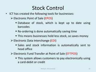 How Can ICT Help Businesses?	There are many ways including:Manoj K. CVS Lonavala8Improving CommunicationStock ControlUsing ICT toReduce CostsKeeping Accurate RecordsProductionMarketing