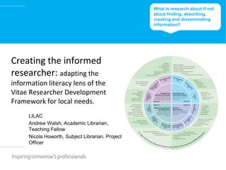 What is research about if not
                                                  about finding, absorbing,
                                                  creating and disseminating
                                                  information?




Creating the informed
researcher: adapting the
information literacy lens of the
Vitae Researcher Development
Framework for local needs.
     LILAC
     Andrew Walsh, Academic Librarian,
     Teaching Fellow
     Nicola Howorth, Subject Librarian, Project
     Officer
 