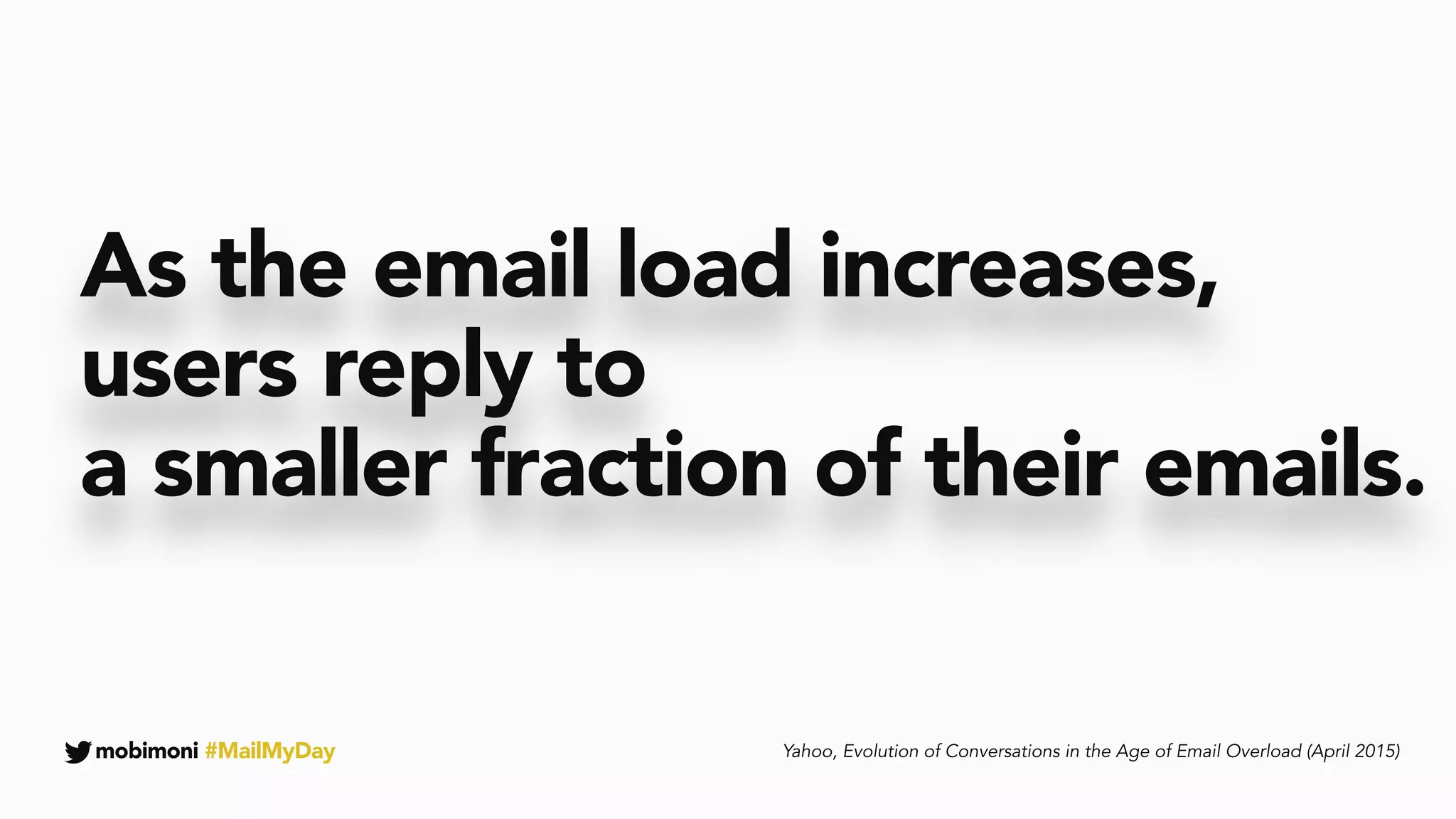 mobimoni #MailMyDay
As the email load increases,
users reply to
a smaller fraction of their emails.
Yahoo, Evolution of Conversations in the Age of Email Overload (April 2015)
 