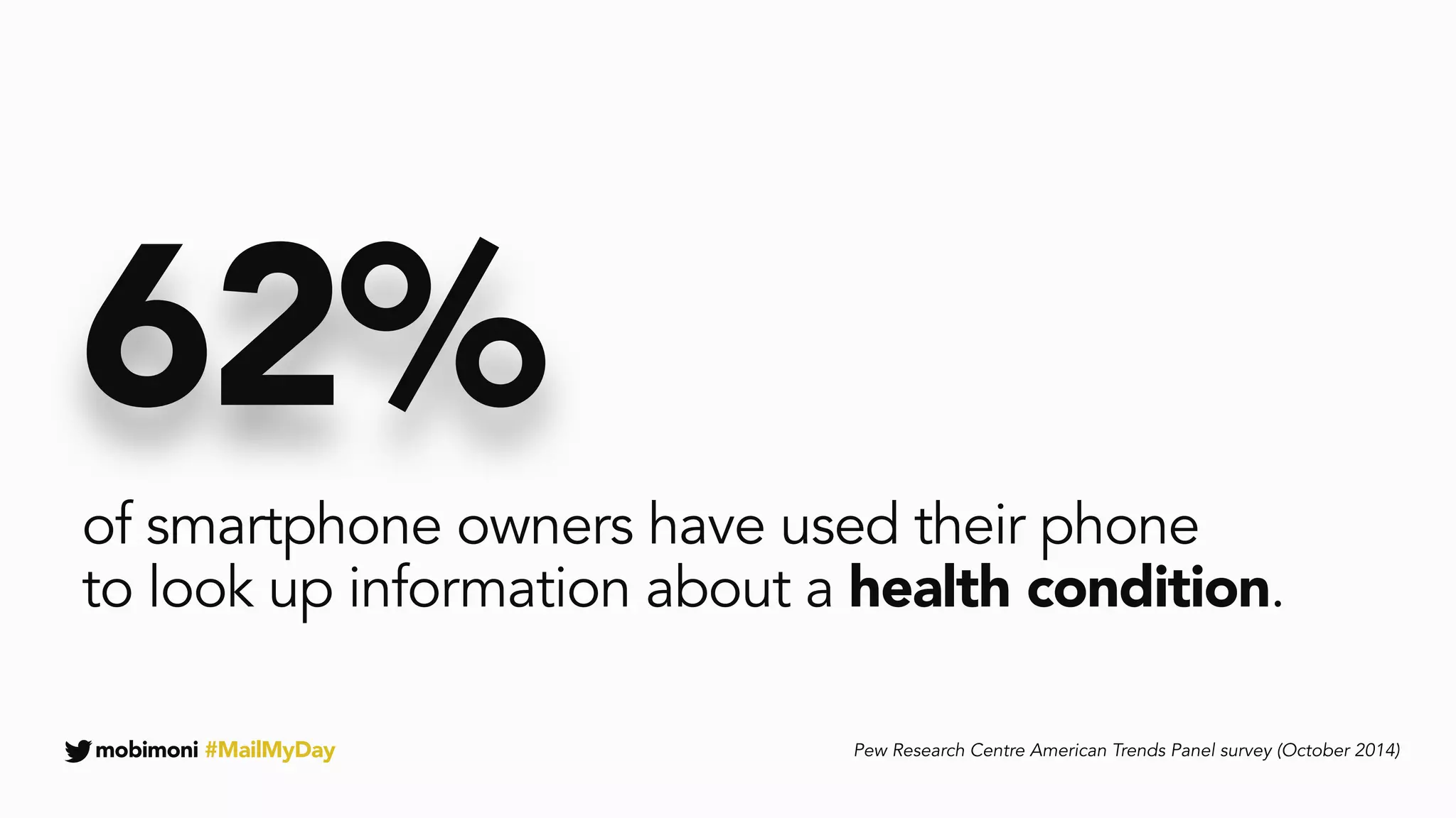 mobimoni #MailMyDay
62%
Pew Research Centre American Trends Panel survey (October 2014)
of smartphone owners have used their phone  
to look up information about a health condition.
 