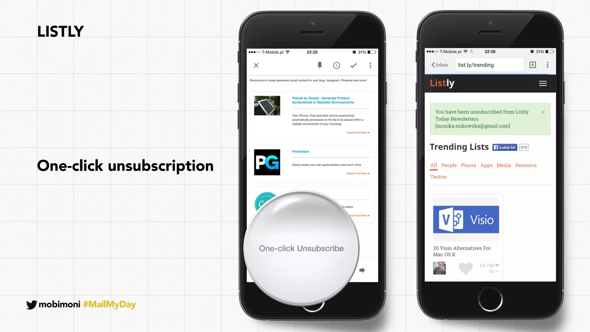 One-click unsubscription
LISTLY
mobimoni #MailMyDay
 