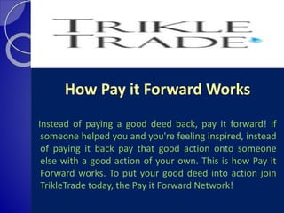 How Pay it Forward Works
Instead of paying a good deed back, pay it forward! If
someone helped you and you're feeling inspired, instead
of paying it back pay that good action onto someone
else with a good action of your own. This is how Pay it
Forward works. To put your good deed into action join
TrikleTrade today, the Pay it Forward Network!
 