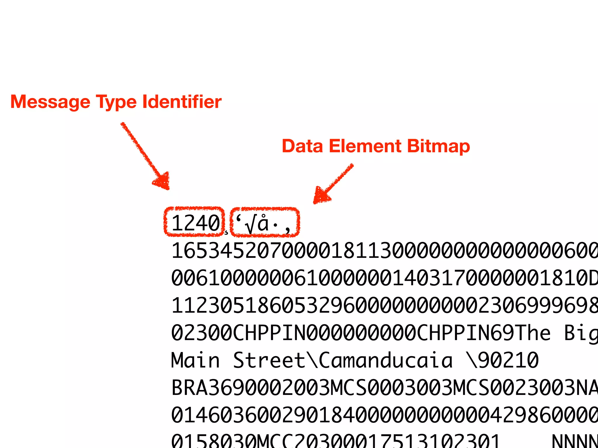 1240¸‘√å·‚ 
16534520700001811300000000000000600
0061000000610000001403170000001810D
11230518605329600000000002306999698
02300CHPPIN000000000CHPPIN69The Big
Main StreetCamanducaia 90210
BRA3690002003MCS0003003MCS0023003NA
01460360029018400000000000429860000
Message Type Identiﬁer
Data Element Bitmap
 