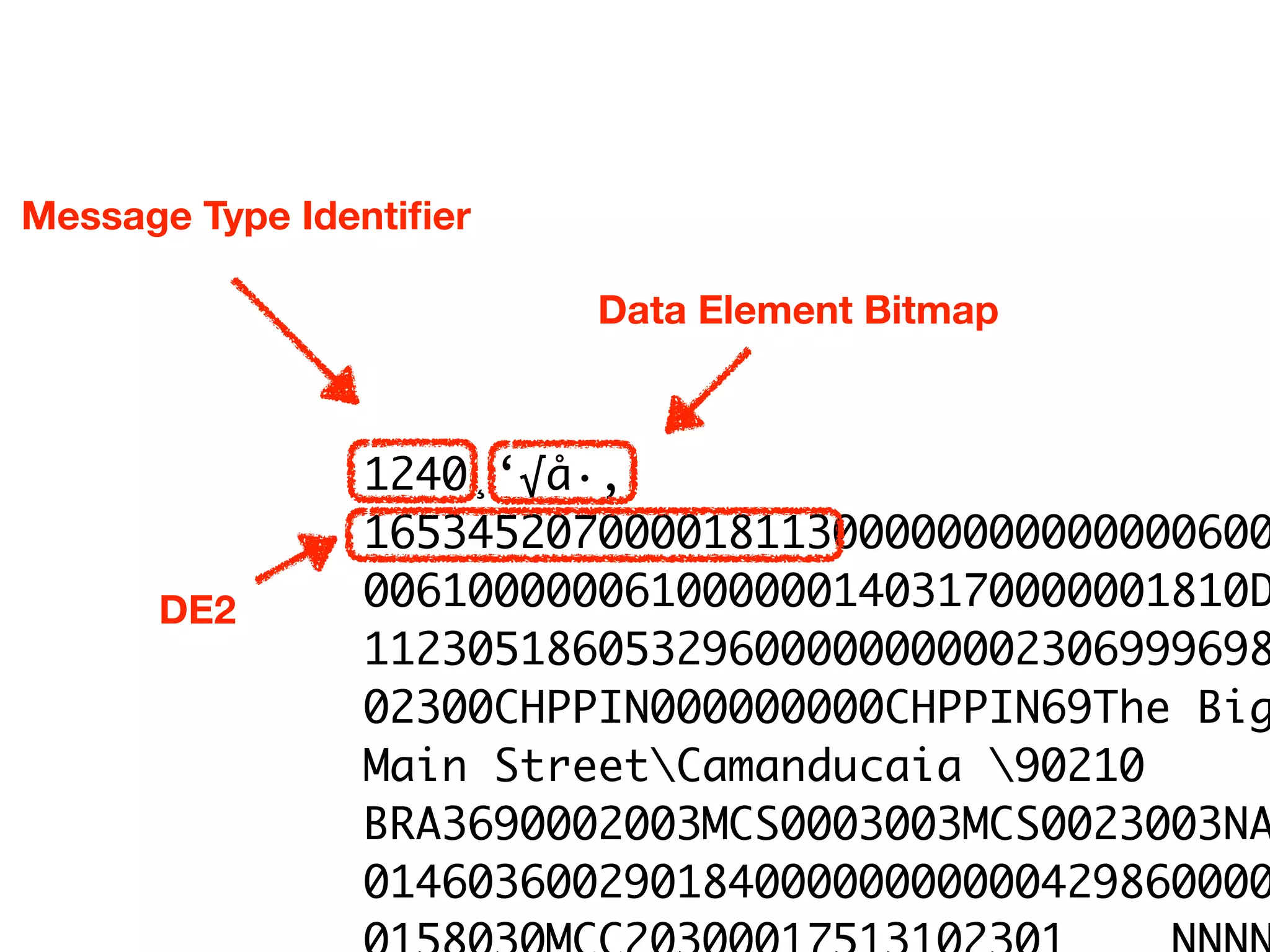 1240¸‘√å·‚ 
16534520700001811300000000000000600
0061000000610000001403170000001810D
11230518605329600000000002306999698
02300CHPPIN000000000CHPPIN69The Big
Main StreetCamanducaia 90210
BRA3690002003MCS0003003MCS0023003NA
01460360029018400000000000429860000
Message Type Identiﬁer
Data Element Bitmap
DE2
 
