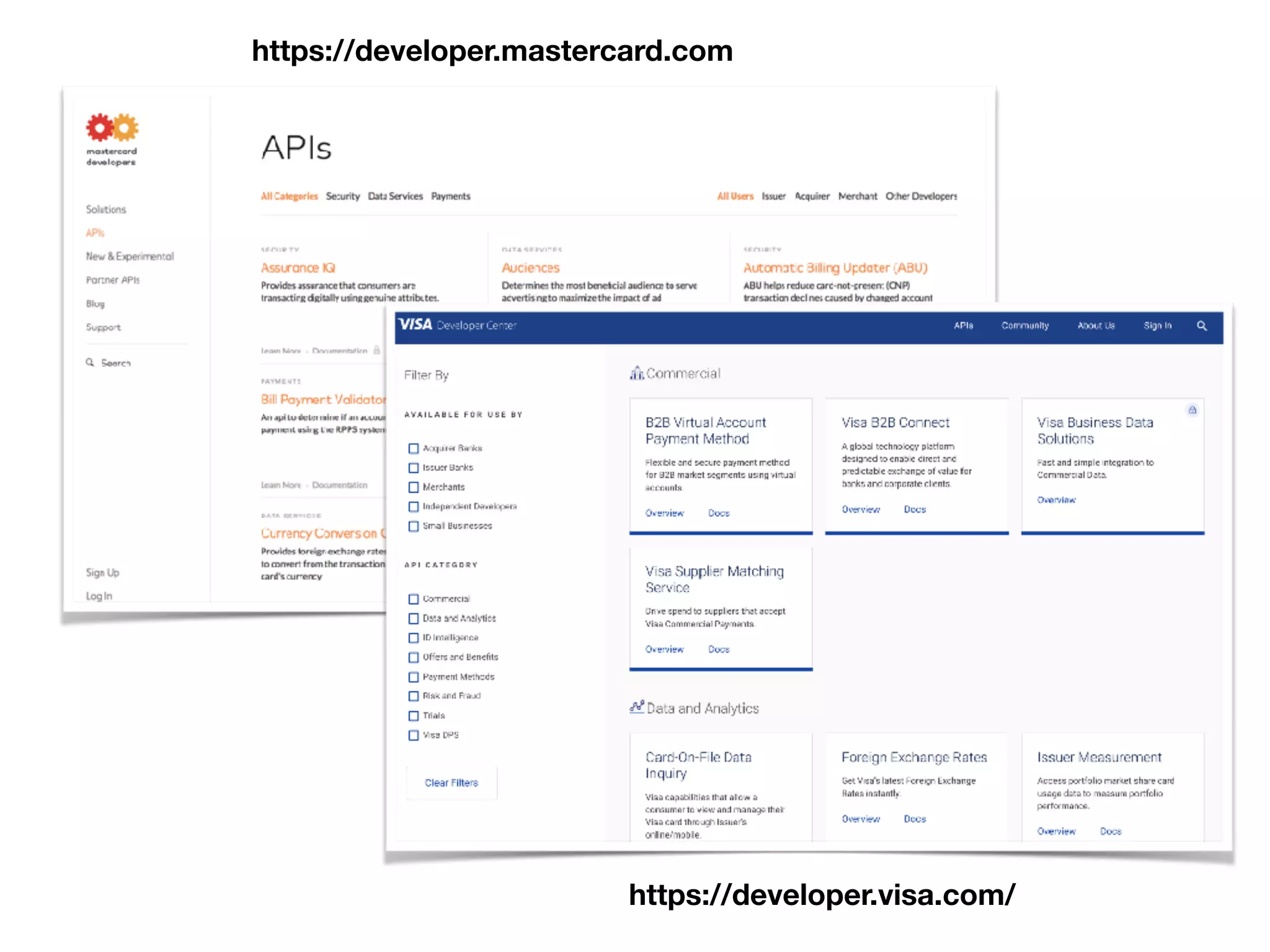 https://developer.mastercard.com
https://developer.visa.com/
 