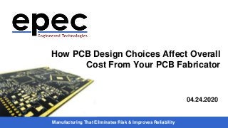 Manufacturing That Eliminates Risk & Improves Reliability
04.24.2020
How PCB Design Choices Affect Overall
Cost From Your PCB Fabricator
 