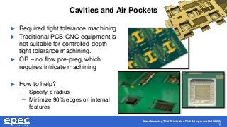 Manufacturing That Eliminates Risk & Improves Reliability
19
 Required tight tolerance machining
 Traditional PCB CNC equipment is
not suitable for controlled depth
tight tolerance machining.
 OR – no flow pre-preg, which
requires intricate machining
 How to help?
– Specify a radius
– Minimize 90% edges on internal
features
Cavities and Air Pockets
 