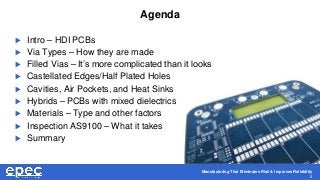 Manufacturing That Eliminates Risk & Improves Reliability
2
Agenda
 Intro – HDI PCBs
 Via Types – How they are made
 Filled Vias – It’s more complicated than it looks
 Castellated Edges/Half Plated Holes
 Cavities, Air Pockets, and Heat Sinks
 Hybrids – PCBs with mixed dielectrics
 Materials – Type and other factors
 Inspection AS9100 – What it takes
 Summary
 