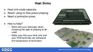 Manufacturing That Eliminates Risk & Improves Reliability
20
Heat Sinks
 Heat sink made separate
 Attach using no flow precut prepreg
 Need a lamination press
 How to help?
– Work with your fabricator when
choosing the type of prepreg to be
used
– Make sure that your heat sink and
your PCB laminate can withstand
the temperature of lamination
 