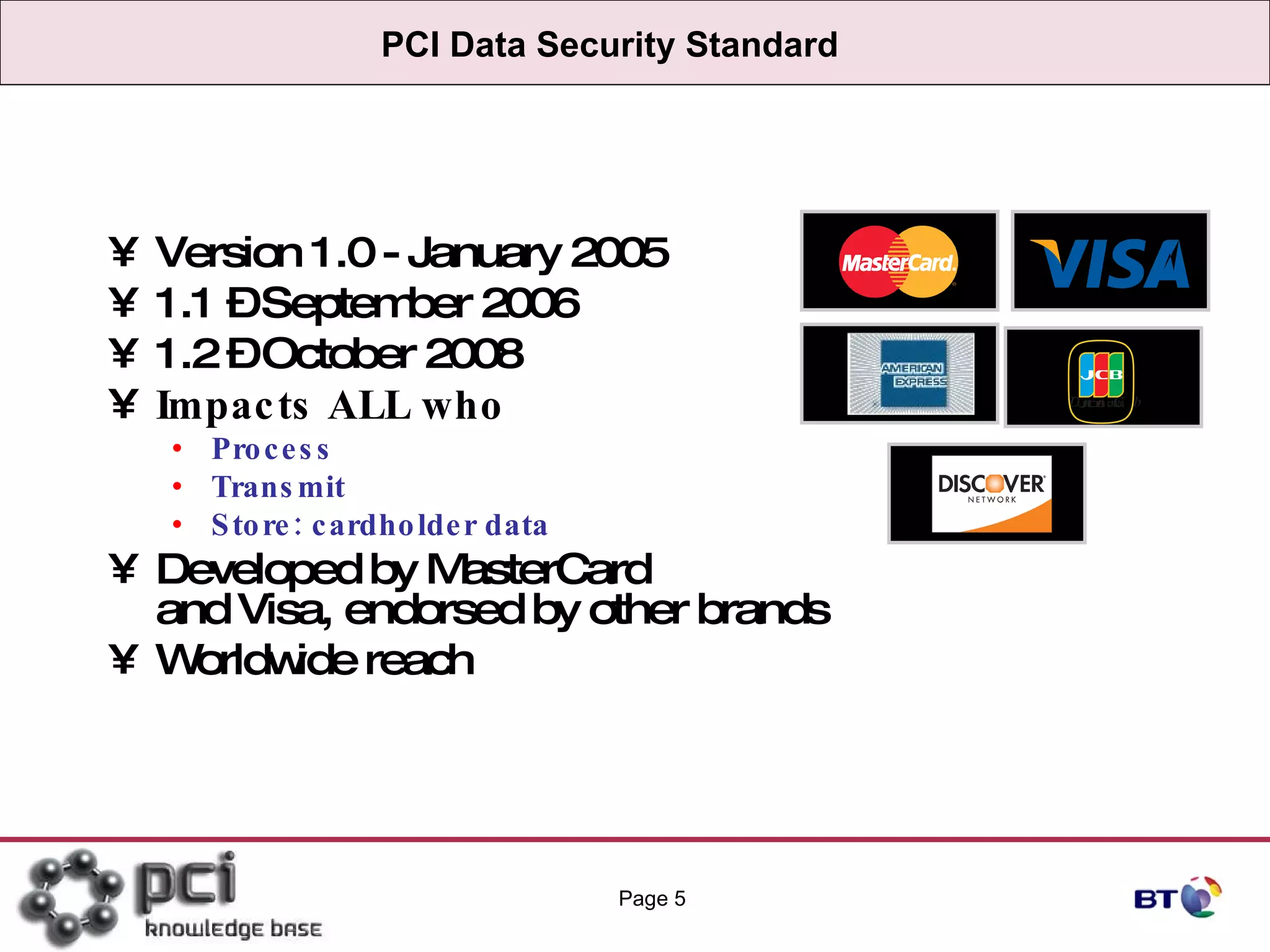 PCI Data Security Standard Version 1.0 - January 2005 1.1 – September 2006 1.2 – October 2008 Impacts ALL who Process Transmit Store: cardholder data Developed by MasterCard  and Visa, endorsed by other brands Worldwide reach Page  