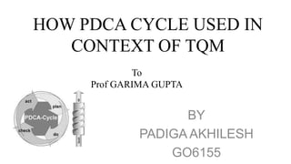 HOW PDCA CYCLE USED IN
   CONTEXT OF TQM
             To
     Prof GARIMA GUPTA


                   BY
             PADIGA AKHILESH
                 GO6155
 