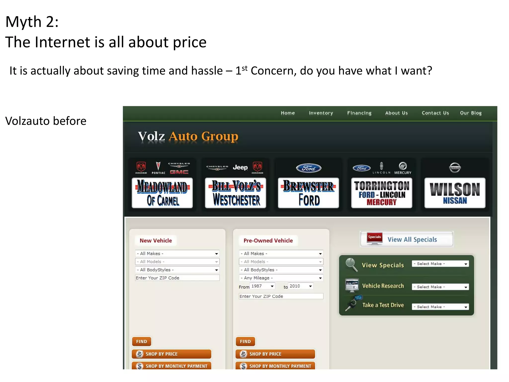 Myth 2: 
The Internet is all about price
It is actually about saving time and hassle – 1st Concern, do you have what I want?


Volzauto before 
 