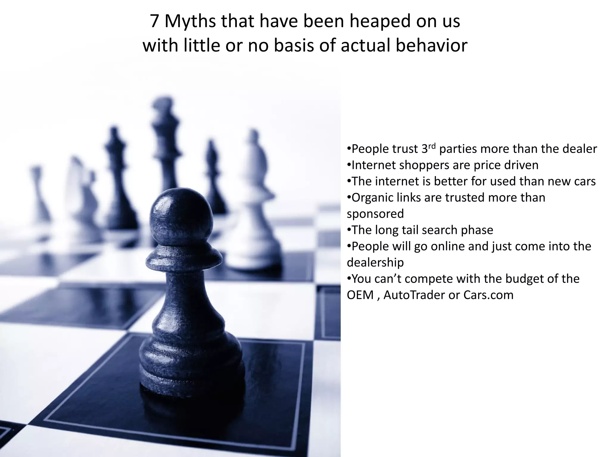 7 Myths that have been heaped on us 
with little or no basis of actual behavior



                          •People trust 3rd parties more than the dealer
                          •Internet shoppers are price driven
                          •The internet is better for used than new cars
                          •Organic links are trusted more than 
                          sponsored 
                          •The long tail search phase
                          •People will go online and just come into the 
                          dealership
                          •You can’t compete with the budget of the 
                          OEM , AutoTrader or Cars.com 
 