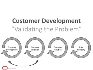 Customer Development
    “Validating the Problem”

 Customer     Customer     Customer     Scale
Development   Validation   Creation   Company
 