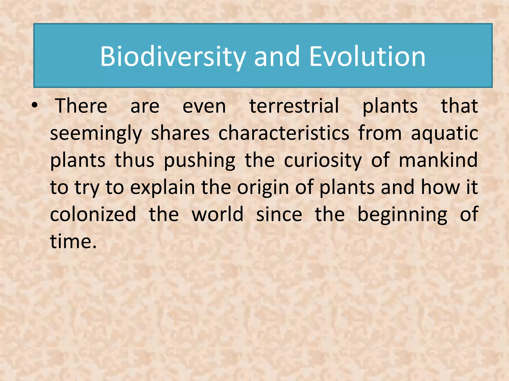 Biodiversity and Evolution 
• There are even terrestrial plants that 
seemingly shares characteristics from aquatic 
plants thus pushing the curiosity of mankind 
to try to explain the origin of plants and how it 
colonized the world since the beginning of 
time. 
 