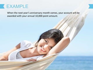 When the next year’s anniversary month comes, your account will be
awarded with your annual 10,000 point amount.
EXAMPLE
 