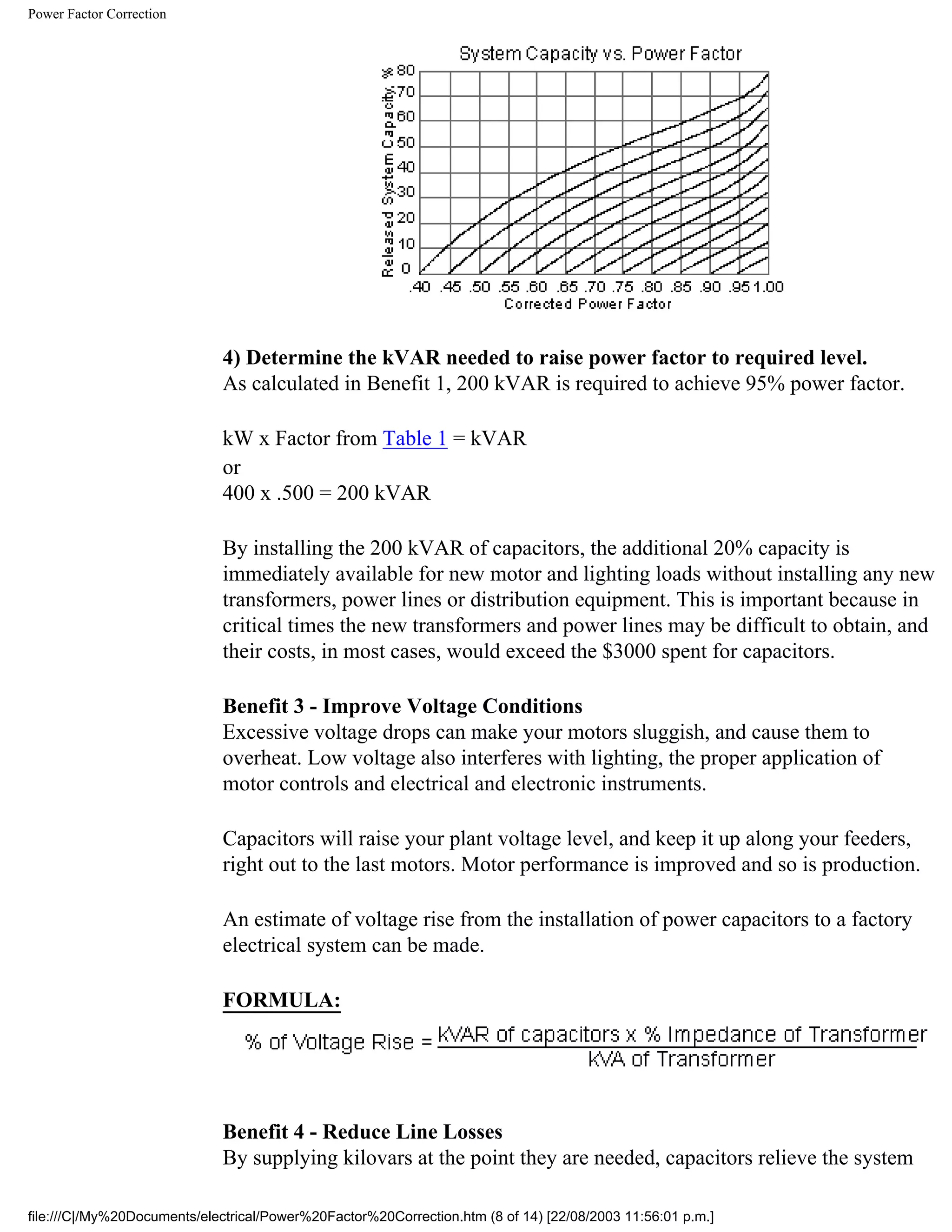 Power Factor Correction
4) Determine the kVAR needed to raise power factor to required level.
As calculated in Benefit 1, 200 kVAR is required to achieve 95% power factor.
kW x Factor from Table 1 = kVAR
or
400 x .500 = 200 kVAR
By installing the 200 kVAR of capacitors, the additional 20% capacity is
immediately available for new motor and lighting loads without installing any new
transformers, power lines or distribution equipment. This is important because in
critical times the new transformers and power lines may be difficult to obtain, and
their costs, in most cases, would exceed the $3000 spent for capacitors.
Benefit 3 - Improve Voltage Conditions
Excessive voltage drops can make your motors sluggish, and cause them to
overheat. Low voltage also interferes with lighting, the proper application of
motor controls and electrical and electronic instruments.
Capacitors will raise your plant voltage level, and keep it up along your feeders,
right out to the last motors. Motor performance is improved and so is production.
An estimate of voltage rise from the installation of power capacitors to a factory
electrical system can be made.
FORMULA:
Benefit 4 - Reduce Line Losses
By supplying kilovars at the point they are needed, capacitors relieve the system
file:///C|/My%20Documents/electrical/Power%20Factor%20Correction.htm (8 of 14) [22/08/2003 11:56:01 p.m.]
 