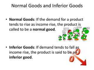 Normal Goods and Inferior Goods

• Normal Goods: If the demand for a product
  tends to rise as income rise, the product is
  called to be a normal good.



• Inferior Goods: If demand tends to fall as
  income rise, the product is said to be an
  inferior good.
 