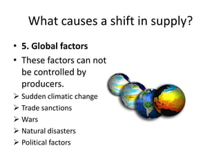 What causes a shift in supply?
• 5. Global factors
• These factors can not
  be controlled by
  producers.
 Sudden climatic change
 Trade sanctions
 Wars
 Natural disasters
 Political factors
 