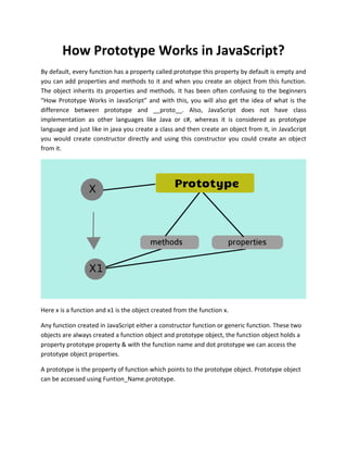 How Prototype Works in JavaScript?
By default, every function has a property called prototype this property by default is empty and
you can add properties and methods to it and when you create an object from this function.
The object inherits its properties and methods. It has been often confusing to the beginners
“How Prototype Works in JavaScript” and with this, you will also get the idea of what is the
difference between prototype and __proto__. Also, JavaScript does not have class
implementation as other languages like Java or c#, whereas it is considered as prototype
language and just like in java you create a class and then create an object from it, in JavaScript
you would create constructor directly and using this constructor you could create an object
from it.
Here x is a function and x1 is the object created from the function x.
Any function created in JavaScript either a constructor function or generic function. These two
objects are always created a function object and prototype object, the function object holds a
property prototype property & with the function name and dot prototype we can access the
prototype object properties.
A prototype is the property of function which points to the prototype object. Prototype object
can be accessed using Funtion_Name.prototype.
 