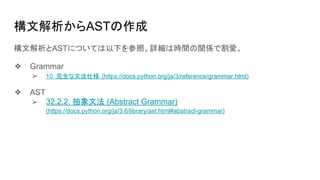 構文解析からASTの作成
構文解析とASTについては以下を参照。詳細は時間の関係で割愛。
❖ Grammar
➢ 10. 完全な文法仕様 (https://docs.python.org/ja/3/reference/grammar.html)
❖ AST
➢ 32.2.2. 抽象文法 (Abstract Grammar)
(https://docs.python.org/ja/3.6/library/ast.html#abstract-grammar)
 