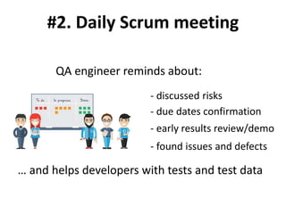 #2. Daily Scrum meeting
QA engineer reminds about:
- discussed risks
- due dates confirmation
- early results review/demo
- found issues and defects
… and helps developers with tests and test data
 