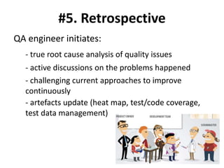 #5. Retrospective
QA engineer initiates:
- true root cause analysis of quality issues
- active discussions on the problems happened
- challenging current approaches to improve
continuously
- artefacts update (heat map, test/code coverage,
test data management)
 