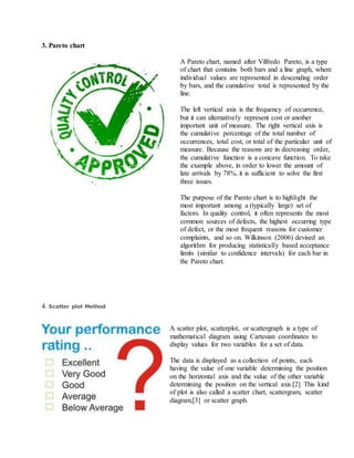 3. Pareto chart
A Pareto chart, named after Vilfredo Pareto, is a type
of chart that contains both bars and a line graph, where
individual values are represented in descending order
by bars, and the cumulative total is represented by the
line.
The left vertical axis is the frequency of occurrence,
but it can alternatively represent cost or another
important unit of measure. The right vertical axis is
the cumulative percentage of the total number of
occurrences, total cost, or total of the particular unit of
measure. Because the reasons are in decreasing order,
the cumulative function is a concave function. To take
the example above, in order to lower the amount of
late arrivals by 78%, it is sufficient to solve the first
three issues.
The purpose of the Pareto chart is to highlight the
most important among a (typically large) set of
factors. In quality control, it often represents the most
common sources of defects, the highest occurring type
of defect, or the most frequent reasons for customer
complaints, and so on. Wilkinson (2006) devised an
algorithm for producing statistically based acceptance
limits (similar to confidence intervals) for each bar in
the Pareto chart.
4. Scatter plot Method
A scatter plot, scatterplot, or scattergraph is a type of
mathematical diagram using Cartesian coordinates to
display values for two variables for a set of data.
The data is displayed as a collection of points, each
having the value of one variable determining the position
on the horizontal axis and the value of the other variable
determining the position on the vertical axis.[2] This kind
of plot is also called a scatter chart, scattergram, scatter
diagram,[3] or scatter graph.
 