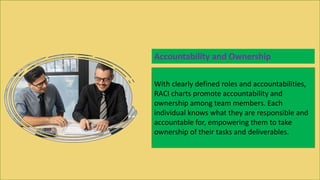 With clearly defined roles and accountabilities,
RACI charts promote accountability and
ownership among team members. Each
individual knows what they are responsible and
accountable for, empowering them to take
ownership of their tasks and deliverables.
Accountability and Ownership
 