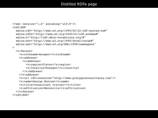 Distilled RDFa page




<?xml version="1.0" encoding="utf-8"?>
<rdf:RDF
  xmlns:rdf="http://www.w3.org/1999/02/22-rdf-syntax-ns#"
  xmlns:rdfs="http://www.w3.org/2000/01/rdf-schema#"
  xmlns:v="http://rdf.data-vocabulary.org/#"
  xmlns:xhv="http://www.w3.org/1999/xhtml/vocab#"
  xmlns:xml="http://www.w3.org/XML/1998/namespace"
>
  <v:Person>
    <v:nickname>mungeo</v:nickname>
    <v:address>
      <v:Address>
        <v:region>Ulster</v:region>
        <v:locality>Donegal</v:locality>
      </v:Address>
    </v:address>
    <v:url rdf:resource="http://www.platypusconsultancy.com"/>
    <v:name>George Munroe</v:name>
    <v:title>consultant trainer</v:title>
    <v:affiliation>Netskills</v:affiliation>
  </v:Person>
</rdf:RDF>




                                     RDFa
 