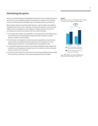 Combating disruptors
Barriers to entering the retail arena have greatly diminished with the rise of digital transactions
and online commerce. Established retailers increasingly face competition from outside the
industry, with retail enterprises potentially rising from anywhere at any time (see Figure 2).
Many of today’s retailers are watching market share slip – stolen by smaller, niche retailers or
unexpected new market entrants – while also contending with changes in consumers’ ideas
relating to value and engagement. A key challenge for retailers, disruption can stem from
circumstances and events occurring both within and outside the industry:
• Technology makes retailing truly a global affair, connecting customers with retailers across
the world. Disruptors are leveraging technological innovation to generate new retail
business models and revenue streams.
• There has been a convergence of customer experience expectations across industries.
Consumers are encountering enhanced shopping and service experiences in many
different aspects of their lives – and they expect these to be replicated in retail.
• Lines between retail formats and sectors are eroding as established retailers expand their
portfolios, product catalogues and range of services in an attempt to remain competitive
and lure customers from one another.
• Consumer product players across the value chain are bypassing retailers by linking directly
with consumers, encroaching on what used to be exclusive territory for retailers.
Figure 2
Retail executives are more concerned about outsiders invading
the retail space than competition within the industry
Source: IBM Global C-suite Study retail industry data.
IBM Institute for Business Value. November 2015.
30%
More competition expected
from within the retail industry
More competition expected
from other industries
41%
2013 2015
+10%
more
54%49%
5
 