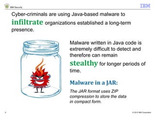 © 2014 IBM Corporation
IBM Security
9
Malware written in Java code is
extremely difficult to detect and
therefore can remain
stealthy for longer periods of
time.
Malware in a JAR:
The JAR format uses ZIP
compression to store the data
in compact form.
Cyber-criminals are using Java-based malware to
infiltrate organizations established a long-term
presence.
 
