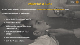 12
PolioPlus & GPEI
In 1988 Rotary became a founding member of the GLOBAL POLIO ERADICATION INITIATIVE (GPEI).
Currently, the members of the GPEI are:
• World Health Organization (WHO)
• Rotary International
• US Centers for Disease Control and
Prevention (CDC)
• United Nations Children’s Fund
(UNICEF)
• Bill & Melinda Gates Foundation
• Gavi, the Vaccine Alliance
 