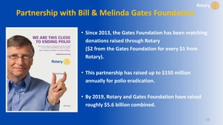 13
• Since 2013, the Gates Foundation has been matching
donations raised through Rotary
($2 from the Gates Foundation for every $1 from
Rotary).
• This partnership has raised up to $150 million
annually for polio eradication.
• By 2019, Rotary and Gates Foundation have raised
roughly $5.6 billion combined.
Partnership with Bill & Melinda Gates Foundation
 