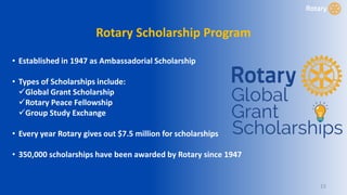 15
Rotary Scholarship Program
• Established in 1947 as Ambassadorial Scholarship
• Types of Scholarships include:
Global Grant Scholarship
Rotary Peace Fellowship
Group Study Exchange
• Every year Rotary gives out $7.5 million for scholarships
• 350,000 scholarships have been awarded by Rotary since 1947
 