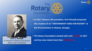 19
• In 1917, Rotary's 6th president, Arch Klumph proposed
the creation of an "ENDOWMENT FUND FOR ROTARY” at
the RI Convention in Atlanta, Georgia.
• The Rotary Foundation started with only $26.50 in 1917
and has now raised more than $5.4 billion.
Arch C. Klumph
6th President of Rotary International
Rotary Club of Cleveland
 