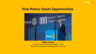 22
How Rotary Opens Opportunities
Holger Knaack
President of Rotary International (2020 – 2021)
Rotary Club of Herzogtum Lauenburg-Mölln, Germany
 