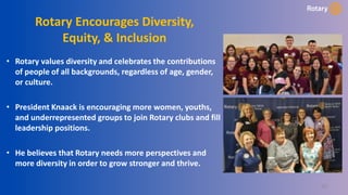 Rotary Encourages Diversity,
Equity, & Inclusion
• Rotary values diversity and celebrates the contributions
of people of all backgrounds, regardless of age, gender,
or culture.
• President Knaack is encouraging more women, youths,
and underrepresented groups to join Rotary clubs and fill
leadership positions.
• He believes that Rotary needs more perspectives and
more diversity in order to grow stronger and thrive.
30
 