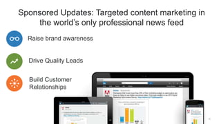 Sponsored Updates: Targeted content marketing in
the world’s only professional news feed
15
Raise brand awareness
Drive Qu...