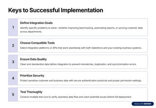 Keys to Successful Implementation
1
Define Integration Goals
Identify specific problems to solve4whether improving lead tracking, automating reports, or syncing customer data
across departments.
2
Choose Compatible Tools
Select integration platforms or APIs that work seamlessly with both Salesforce and your existing business systems.
3
Ensure Data Quality
Clean and standardize data before integration to prevent mismatches, duplication, and synchronization errors.
4
Prioritize Security
Protect sensitive customer and business data with secure authentication protocols and proper permission settings.
5
Test Thoroughly
Conduct multiple test runs to verify seamless data flow and catch potential issues before full deployment.
 